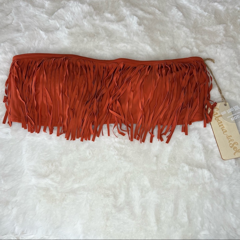NEW Cabana Del Sol Burnt Orange Fringe Bandeau Bikini Top Size L